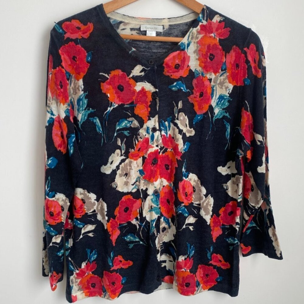 GARNETT HILL Printed Merino Wool Cardigan Floral Poppy Print Size XL